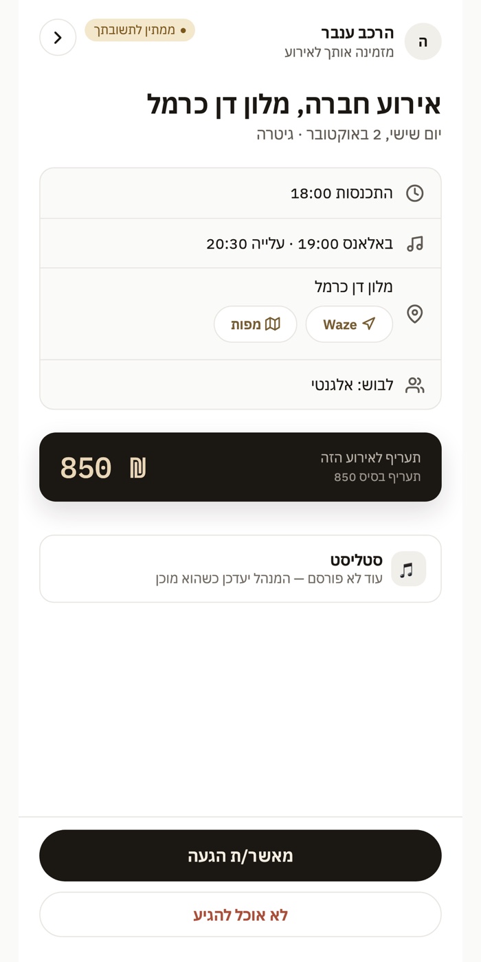 המסך של הנגן: ההזמנה לאירוע וכל הפרטים